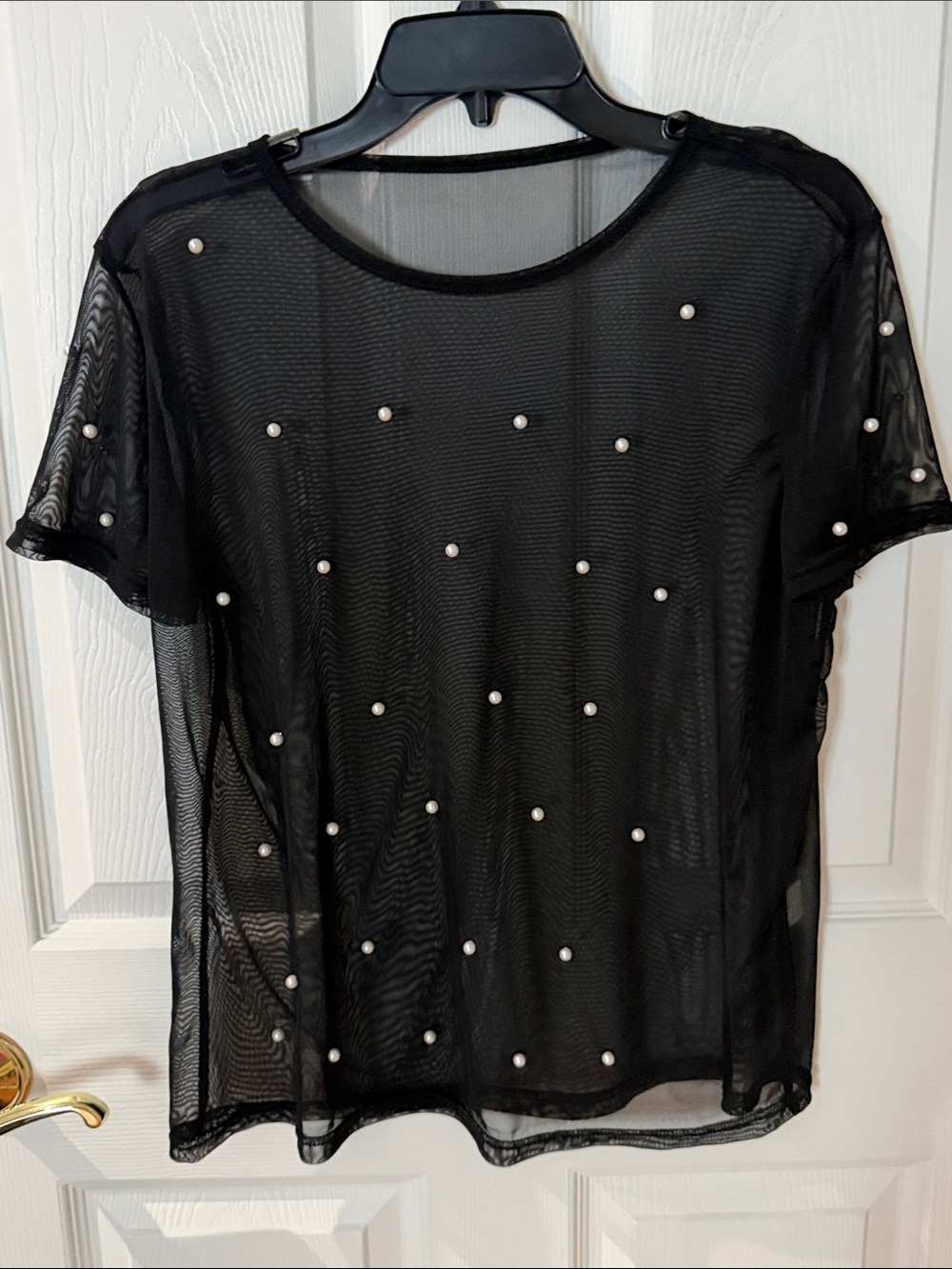 SHEIN Black Sheer Mesh Short Sleeve Top with Pearl Accents medium